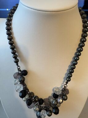 Women's Babble Pearl Bead and Faceted Crystal Necklace - Black with Silver, Grey